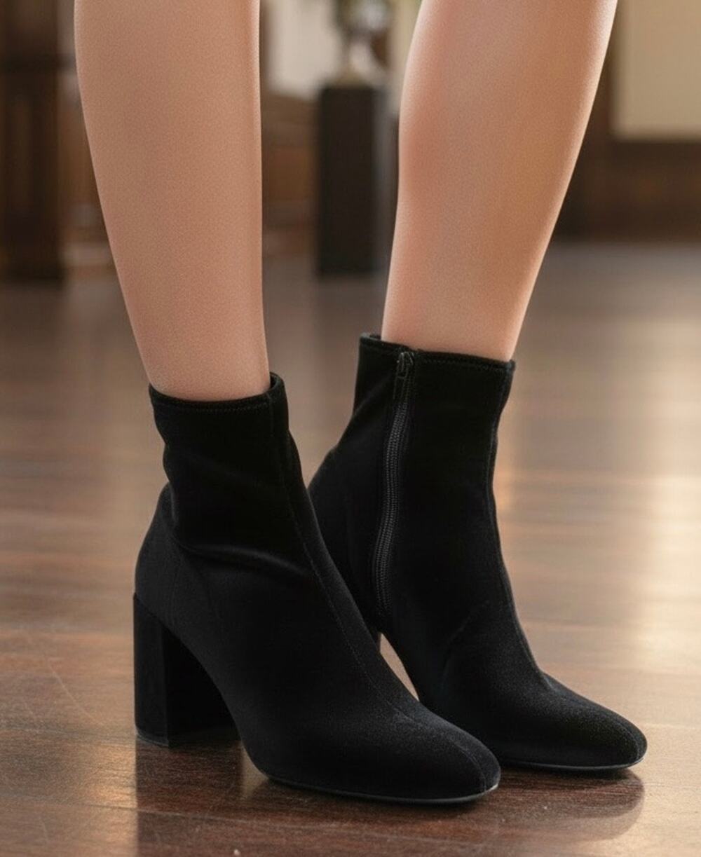 Jeffrey Campbell Black Velvet Ankle Boots Zipper Block Heel Women's 8